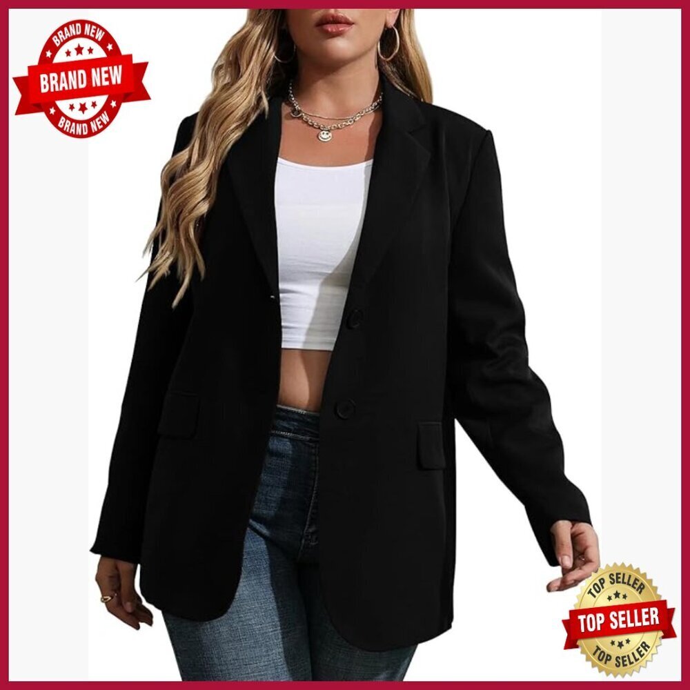 Plus Size Blazer Jacket Long Sleeve Open Front Buttons Work Office Casual